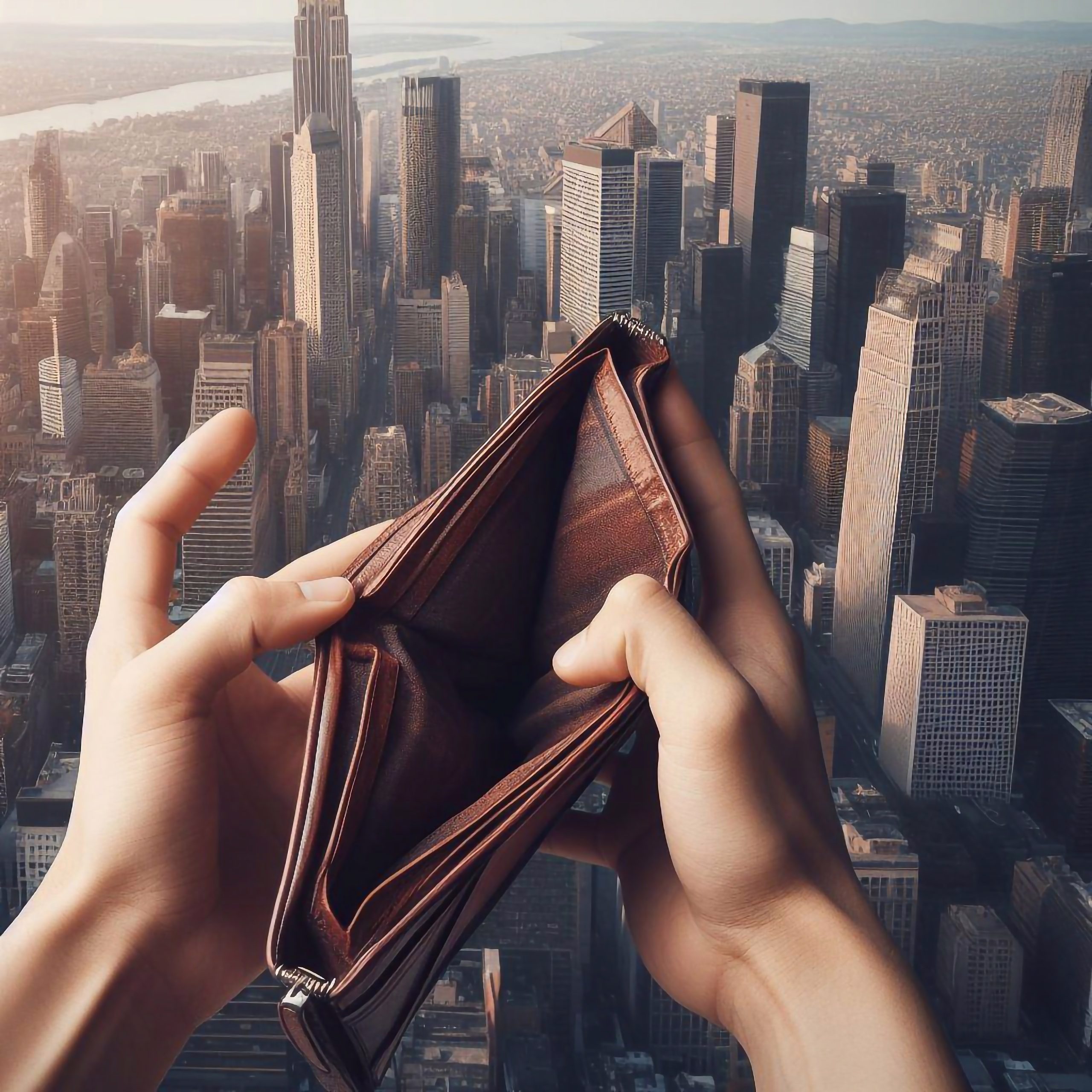 A hand opens a wallet that is empty Behind is a big city backgr