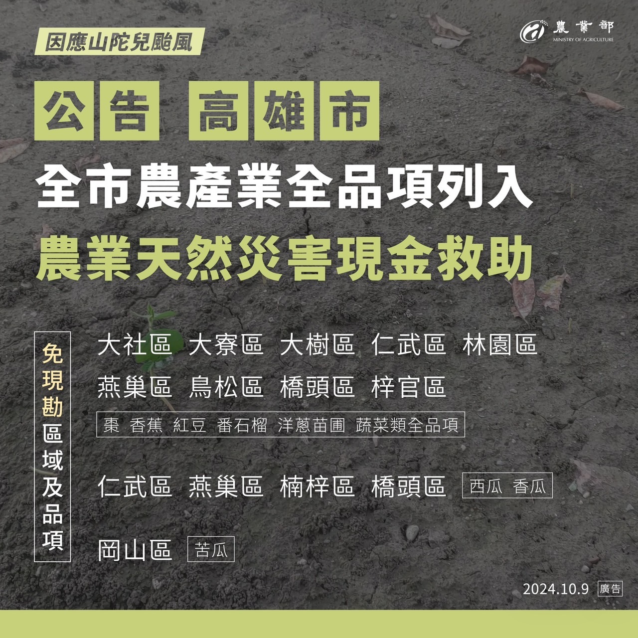 公告_高雄市全市農產業全品項列入天然災害現金救助