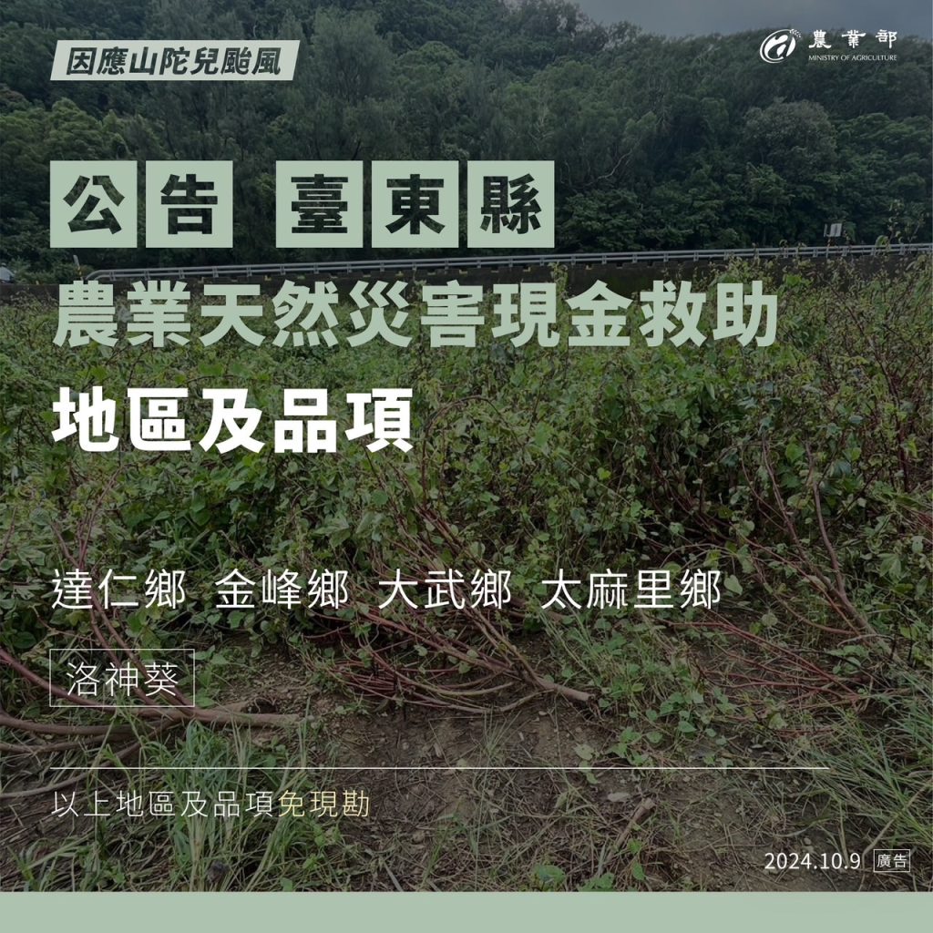 公告_臺東縣農業天然災現金救助地區及品項_達仁區金峰鄉大武鄉太麻里鄉 - 尚新聞 Sun News