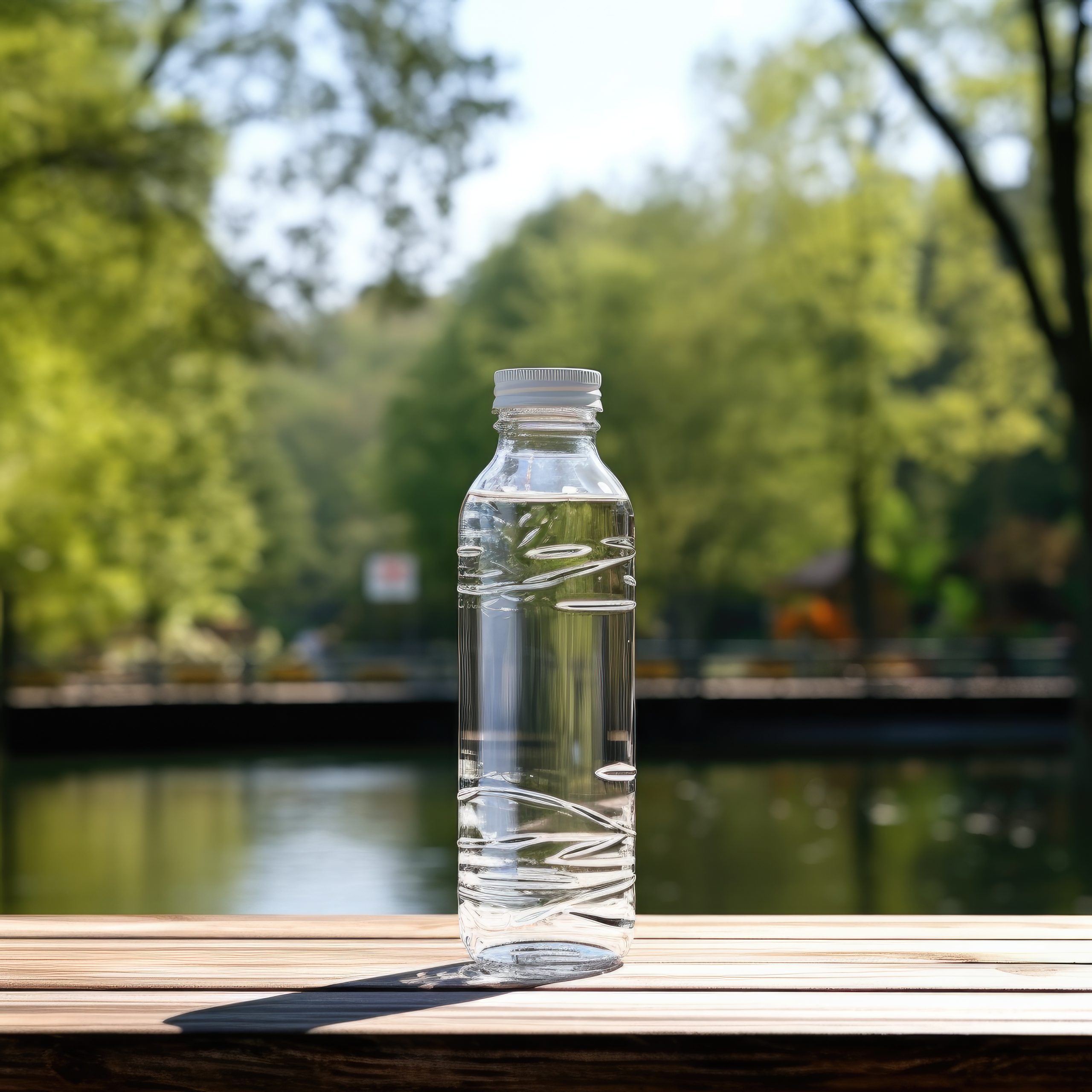 sleek water bottle, on the table, filled with watter, outdoor cafe scene background, for mockup, ad, advertising, realistic render, everyday object image stock, rule of the third, empty space for copy text, close, aesthetic placement, product photography, has clear liquid --no text logo copy caption --ar 3:2 --style raw